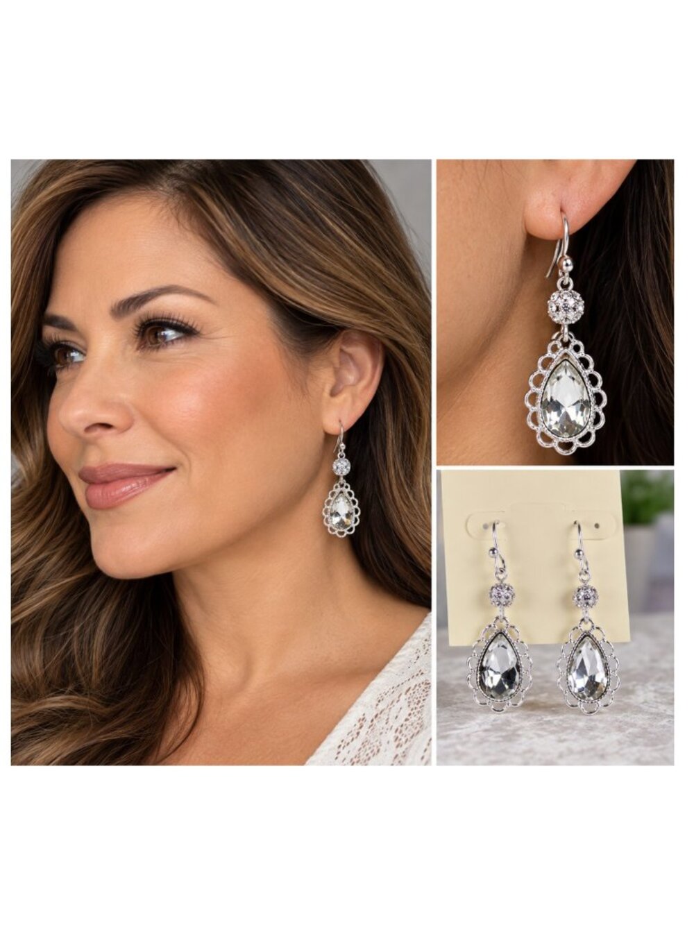 Patricia Nash Silver Crystal Teardrop Dangle Earrings Rhinestone Drop